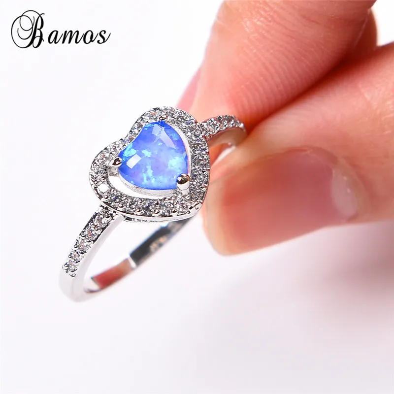 Bamos Rainbow Fire Opal Ring For Women High Quality Silver Color Animal Jewelry Dainty Hollow Heart Wedding Rings | Украшения и