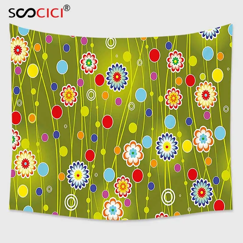 

Cutom Tapestry Wall Hanging,Floral Vibrant Flower Blooms with Colorful Circular Dots Nature Beauty Essence Artwork Multicolor