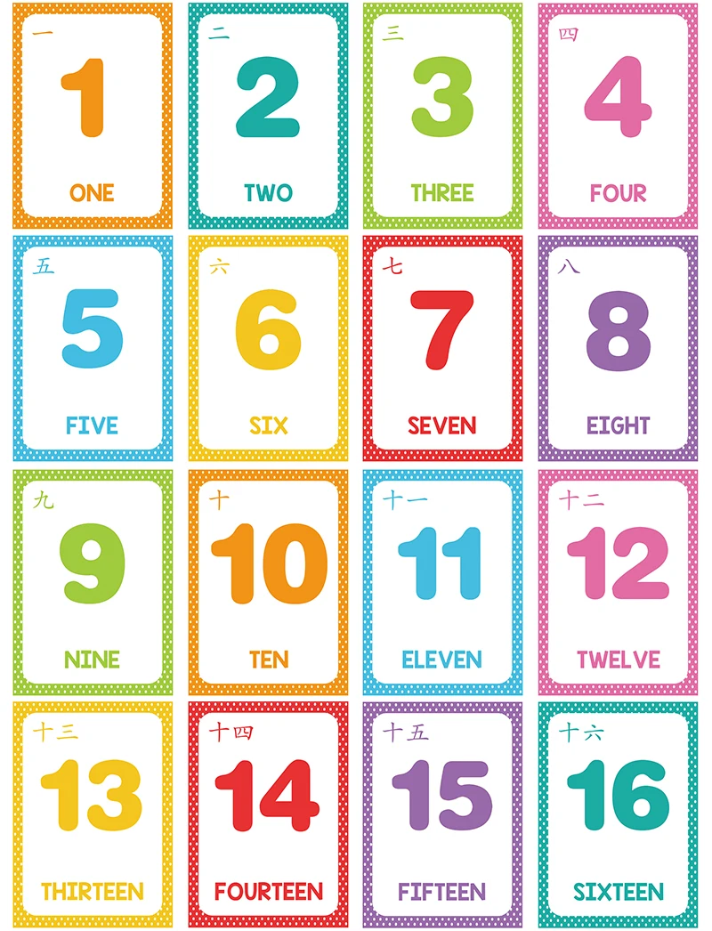 Flashcards impresos en ambos lados, inglés y números, juguetes