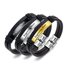 Pulsera personalizada de acero inoxidable joyería hombres pulsera de cuero brazalete grabado nombre 3 colores regalo de aniversario para novio(China)