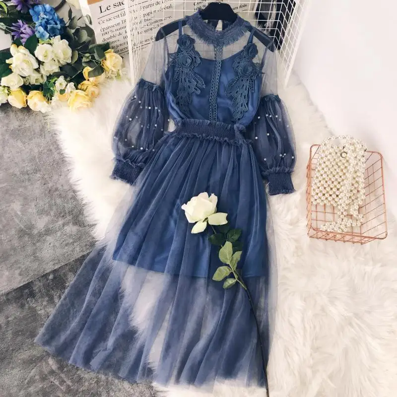 2018 new fashion women's adult clothing stand collar openwork lace flowers lantern sleeves long two piece set mesh dress
2018 new fashion women's adult clothing stand collar openwork lace flowers lantern sleeves long two piece set mesh dress