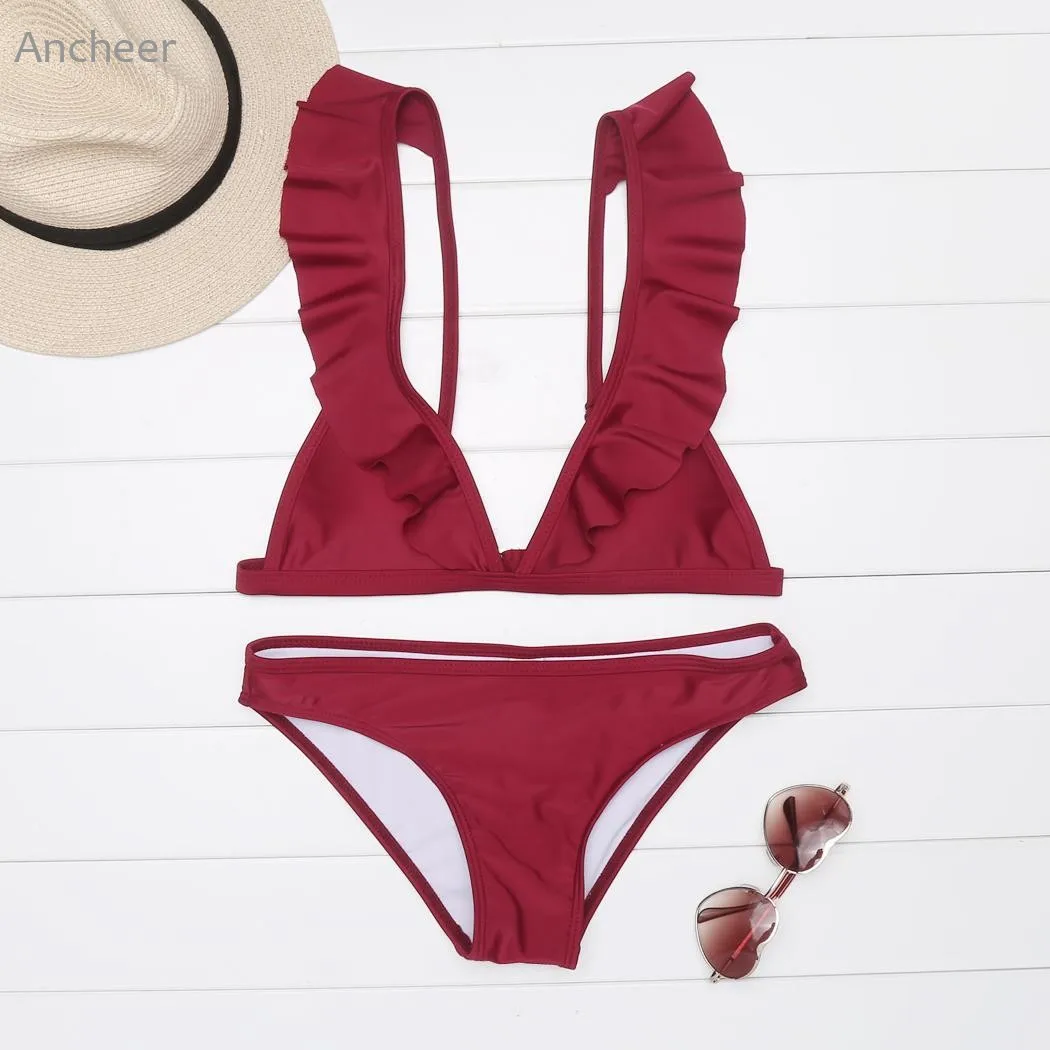 New Brand Women Sexy V-Neck Spaghetti Strap Ruffles Solid Backless Swimsuit Split Bikini For Woman
New Brand Women Sexy V-Neck Spaghetti Strap Ruffles Solid Backless Swimsuit Split Bikini For Woman