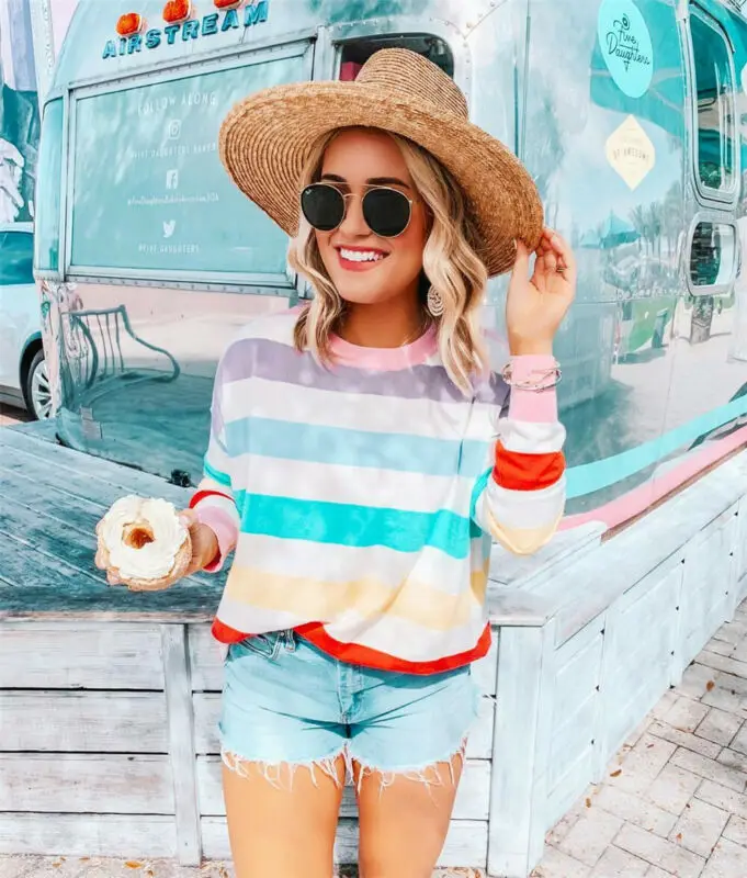Women T-Shirt Pre-fall Long Sleeve Crew Neck Rainbow Striped Stylish Chic Ladies Tops Summer Autumn Casual T-Shirt new
Women T-Shirt Pre-fall Long Sleeve Crew Neck Rainbow Striped Stylish Chic Ladies Tops Summer Autumn Casual T-Shirt new
