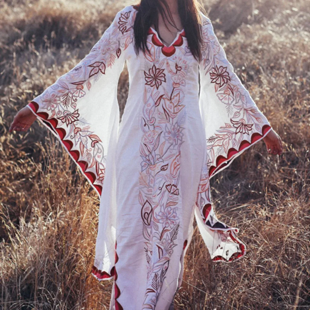 Fashsiualy summer dress V-Neck Women's Vintage Wind Floral Print Sundress Trumpet Flare Long Sleeve Bohemian Dress Long vestidos
Fashsiualy summer dress V-Neck Women's Vintage Wind Floral Print Sundress Trumpet Flare Long Sleeve Bohemian Dress Long vestidos