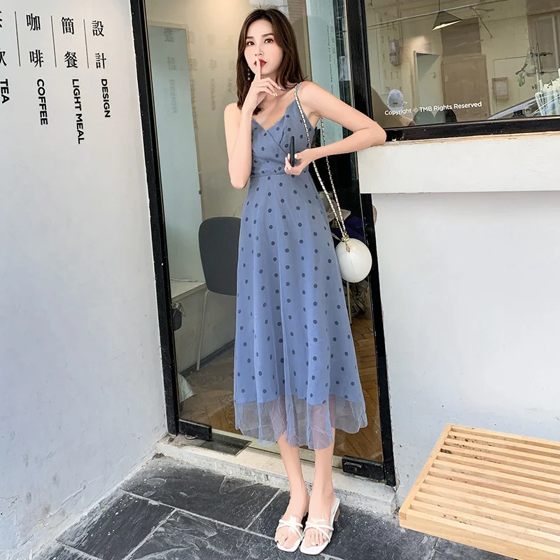 Polka Dot Sling Dress Female 2019 Summer New Slim V-Neck High Waist Casual Tulle Dress Female Vestidos Largos 
Polka Dot Sling Dress Female 2019 Summer New Slim V-Neck High Waist Casual Tulle Dress Female Vestidos Largos