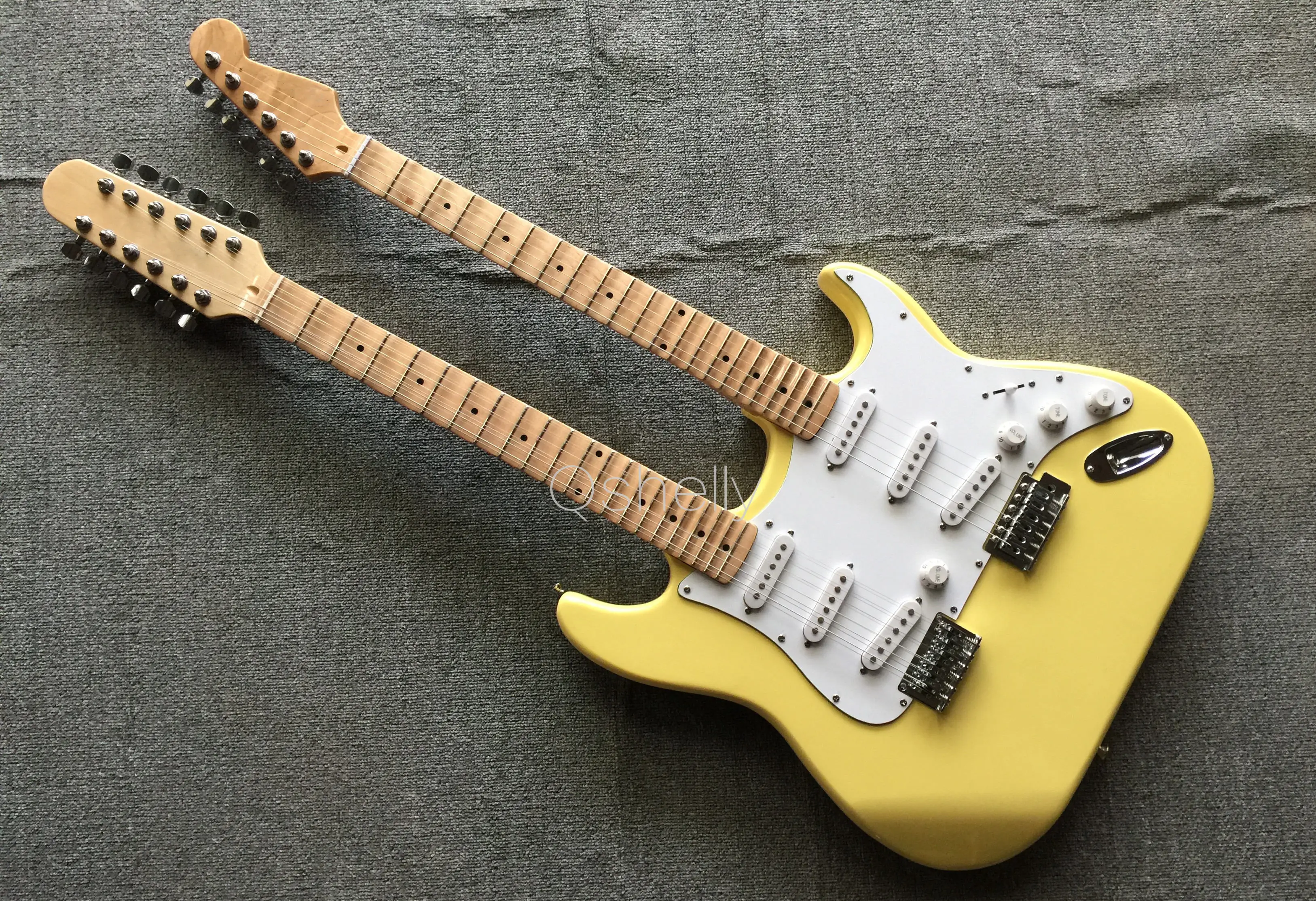 top quality QShelly custom yellow double scalloped maple neck fingerboard 6/12 strings white pickguard 3 pickups electric guitar
top quality QShelly custom yellow double scalloped maple neck fingerboard 6/12 strings white pickguard 3 pickups electric guitar