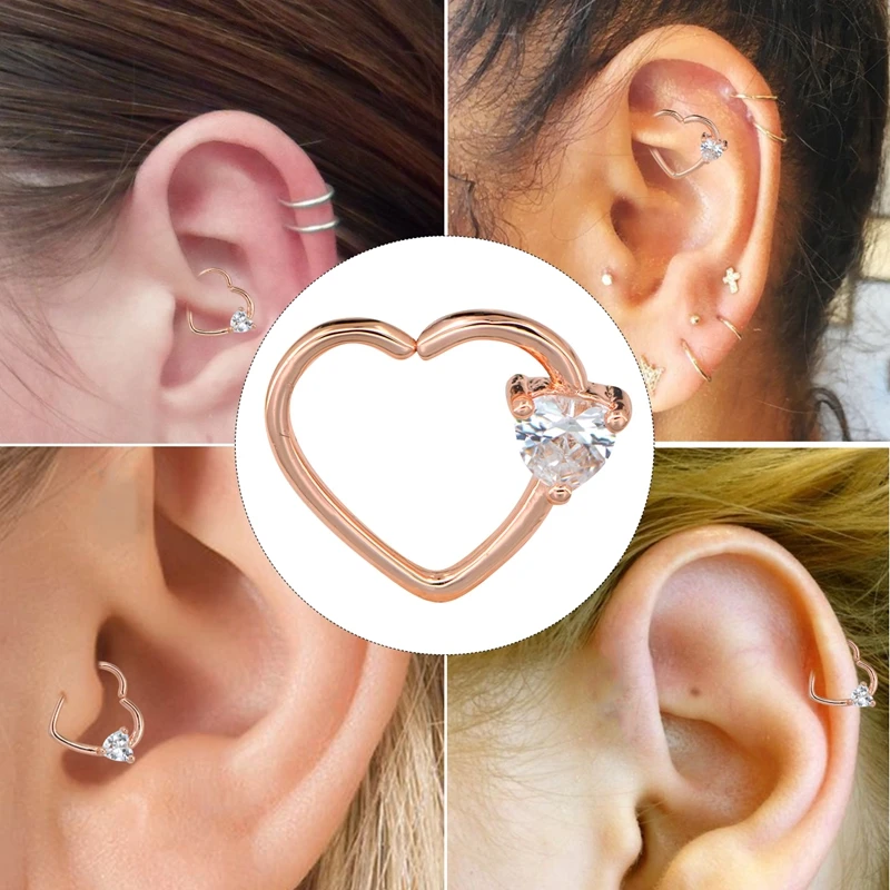  BODY PUNK Jewelry Heart CZ Left Closure Daith Cartilage 16 Gauge Heart Tragus Earrings 5 Colors Micro Circular Barbell Nose  (5)