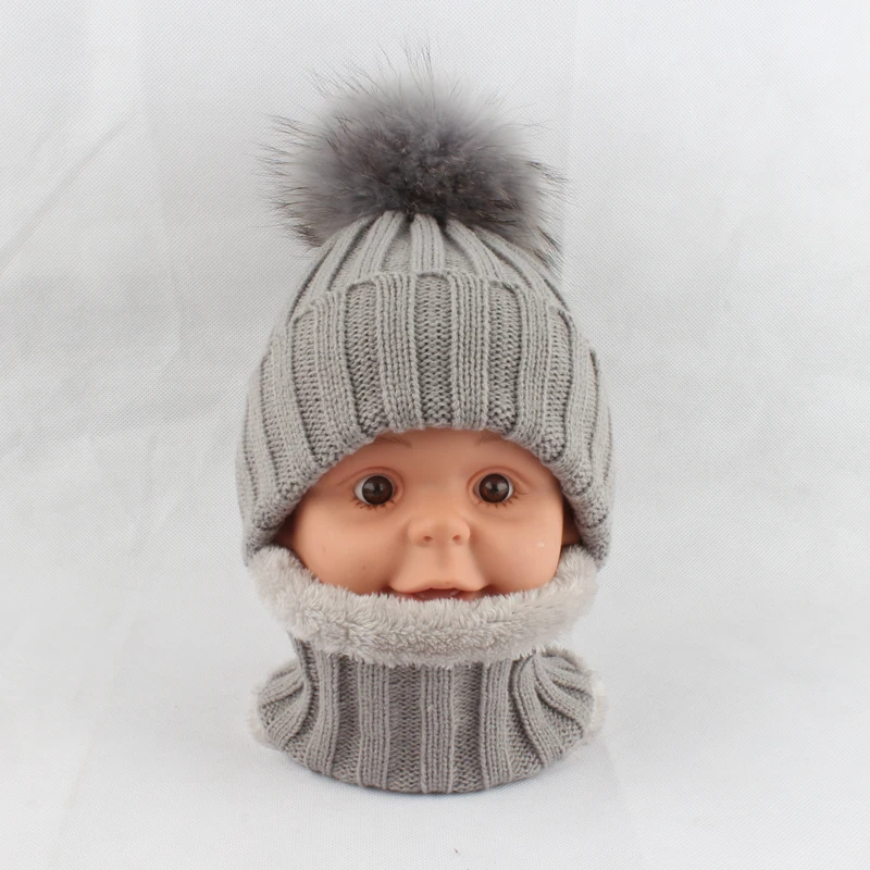 Kids Boys Girls Warm Fleece Liner Beanie Hats With Scarf Winter Fur Hat For Children Baby Pompom Skullies Beanies 18