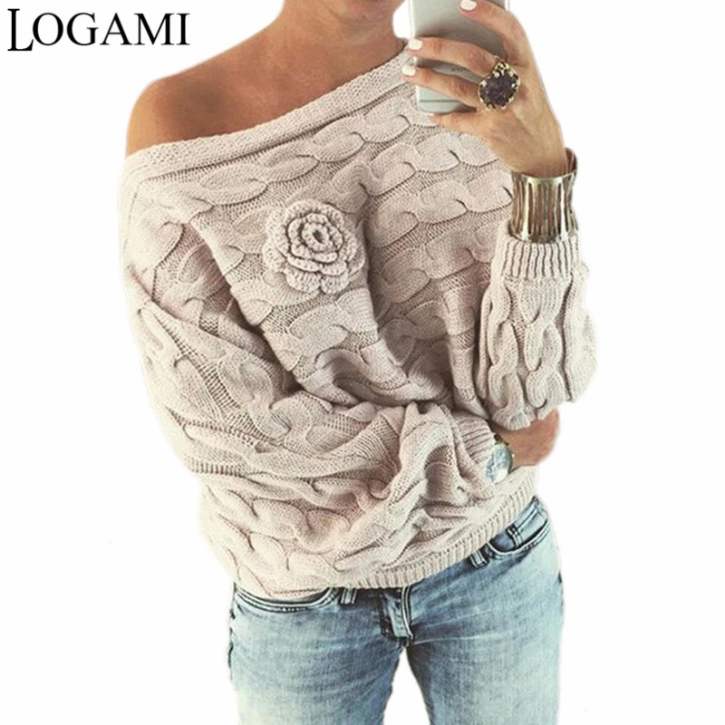 

LOGAMI Bat Sleeve Women Sweaters And Pullovers Removable Flower Woman Sweater Pullovers Long Sleeve Pull Femme