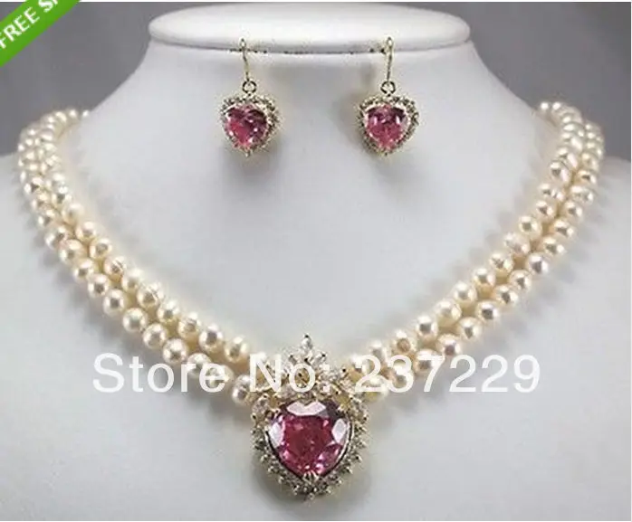 Wholesale price FREE SHIPPING aNew 2 row white pearl necklace + heart pink zircon pendant earring set (A0423) | Украшения и