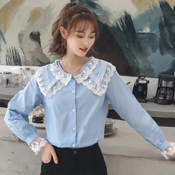 Women Lace Collar Long Sleeve Shirt Sweet Lapel Stretch Tops Solid Color Slim Chiffon Blouse 2019 White Sweet Shirts
Women Lace Collar Long Sleeve Shirt Sweet Lapel Stretch Tops Solid Color Slim Chiffon Blouse 2019 White Sweet Shirts