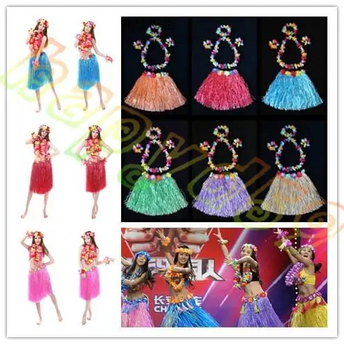 

40CM 5PCS/set Plastic Fibers Women Grass Skirts Hawaiian Hula Skirt set cheerleaders costumes Ladies Dress Up