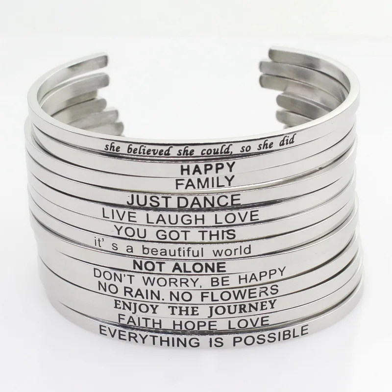 New Stainless Steel Bangle Engraved Positive Inspirational Quote Hand Stamped Cuff Mantra Bracelets For Men Women
New Stainless Steel Bangle Engraved Positive Inspirational Quote Hand Stamped Cuff Mantra Bracelets For Men Women