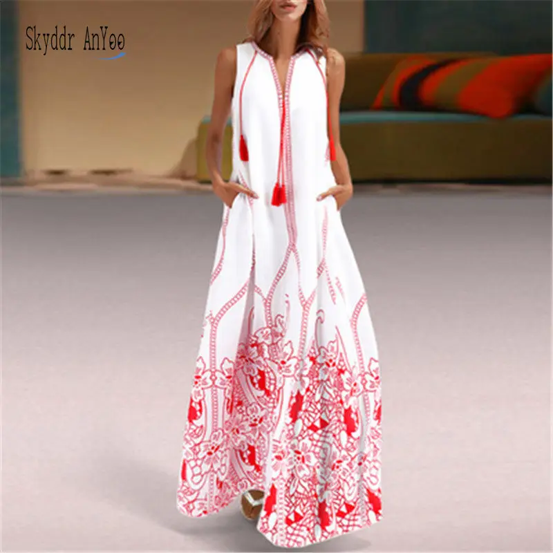 2019 Women Boho Maxi Dress Sleeveless Printed Elegant White Party Dress Plus Size 3XL V-Neck Vintage Beach Long Dress Vestidos
2019 Women Boho Maxi Dress Sleeveless Printed Elegant White Party Dress Plus Size 3XL V-Neck Vintage Beach Long Dress Vestidos