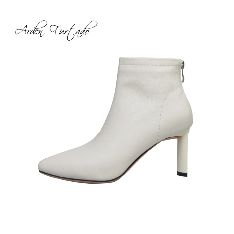 Arden Furtado 2018 autumn winter genuine leather white ankle boots women's shoes ladies shiny matin high heels new | Обувь