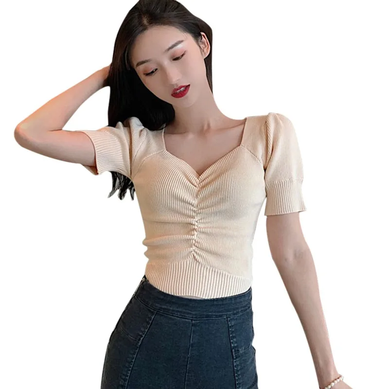 Summer Women T Shirt Solid Short Sleeve Casual Knitted T-Shirt Sexy V Neck Puff Sleeve Women T shirt camiseta mujer
Summer Women T Shirt Solid Short Sleeve Casual Knitted T-Shirt Sexy V Neck Puff Sleeve Women T shirt camiseta mujer