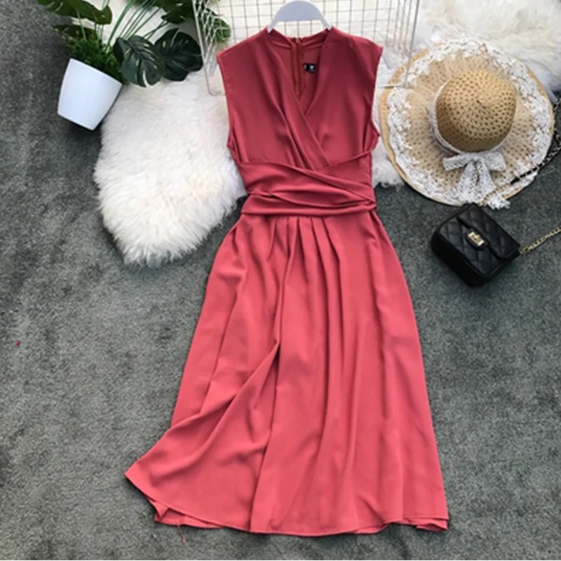 Chiffon Summer Korean Women's V-collar Mid-waist Dresses Lady Sleeveless Solid Color Elegant Dresses Vestidos aa767
Chiffon Summer Korean Women's V-collar Mid-waist Dresses Lady Sleeveless Solid Color Elegant Dresses Vestidos aa767