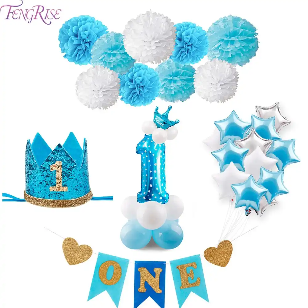 Fengrise Blue 1st Birthday Party Decorations One Year Baby Blue