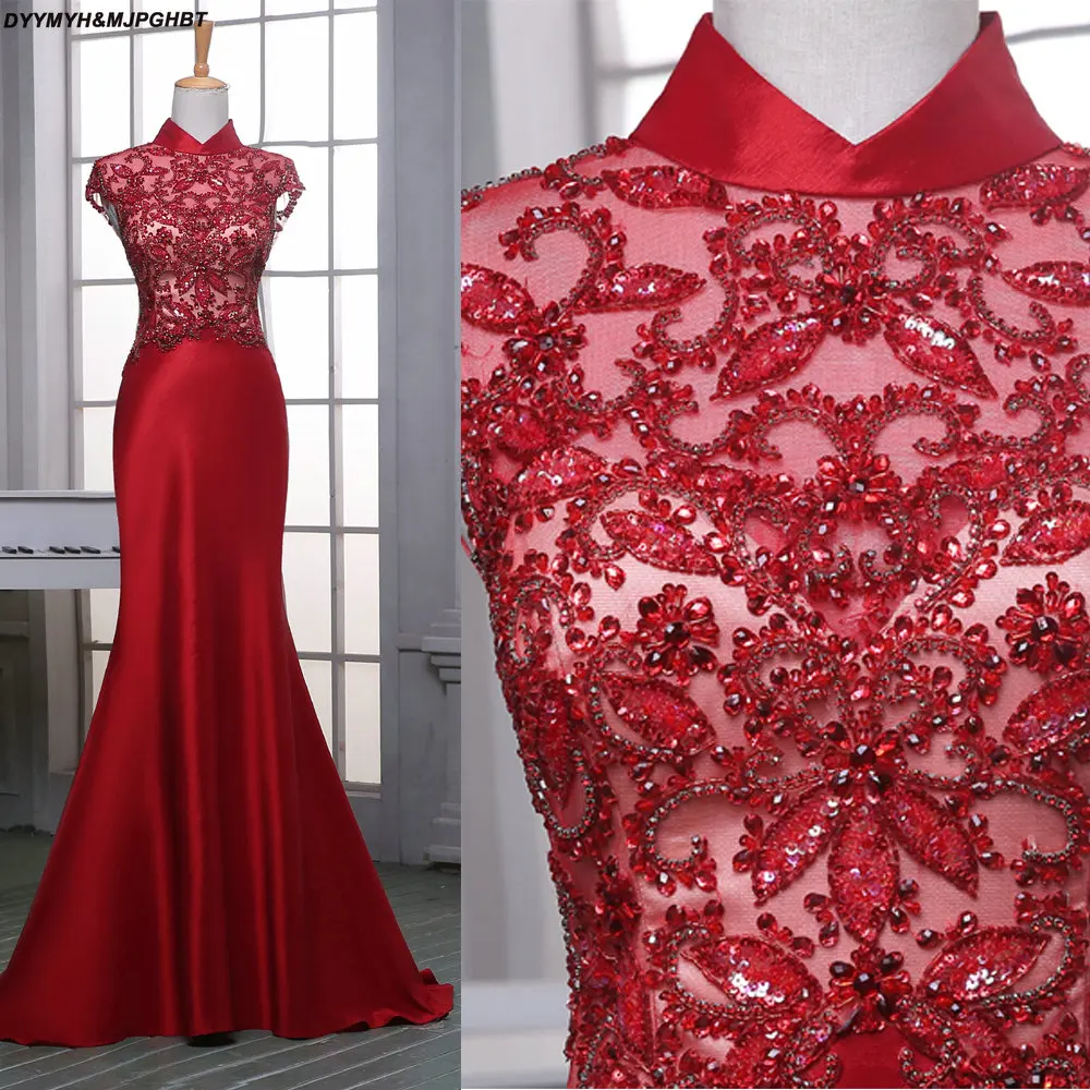 Illusion Dark Red Crystal Evening Dresses High Collar Zipper Back Court Train China Wind Evening Gowns
Illusion Dark Red Crystal Evening Dresses High Collar Zipper Back Court Train China Wind Evening Gowns