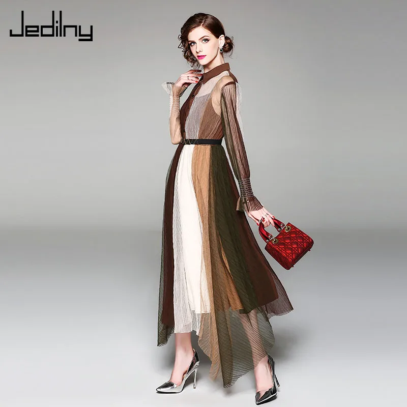 2019 Spring Women Lapel Long Sleeve Mesh Stitching Contrast Color Dress Elegant Slim Long Party Dress
2019 Spring Women Lapel Long Sleeve Mesh Stitching Contrast Color Dress Elegant Slim Long Party Dress