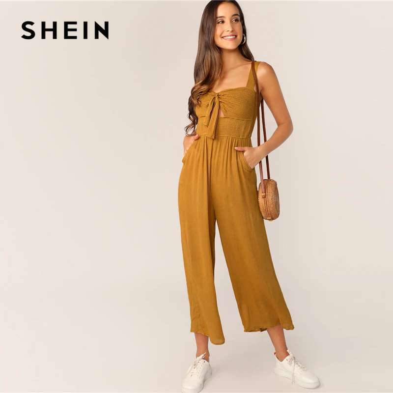 

SHEIN Knot Front Shirred Bodice Wide Leg Jumpsuit 2019 Boho Ginger Pocket Straps Spring Summer Sleeveless Wide Leg Jumpsuit