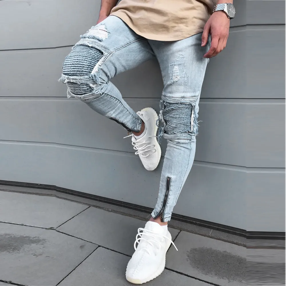 2019 NEW Men Jeans Men's Ripped Slim Fit Straight Zipper Denim Pants Vintage Style Motorcycle with Broken Holes 3.21 | Мужская
