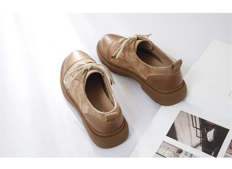 Retro Women Oxfords Shoes Spring 2019 New British Flats Brogues Shoes Woman Round Toe Lace Up Students Casual Flat Platform Shoe (11)