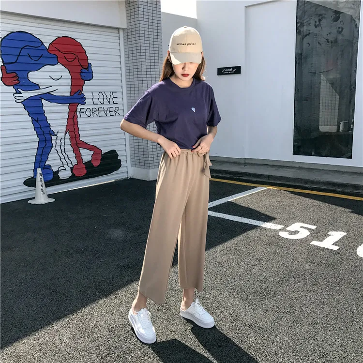 Plus Size - Casual Elastic Waist Loose Wide Leg Pants Preppy Style Trousers Female Palazzo Pants (Us 18W-20W)