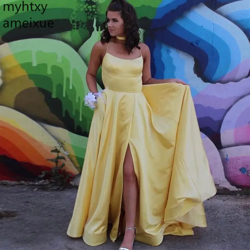Custom Simple Yellow Prom Dress Long Spaghetti Straps Front Split Formal Evening Party With Pockets Sweep Train Crisscross Back
Custom Simple Yellow Prom Dress Long Spaghetti Straps Front Split Formal Evening Party With Pockets Sweep Train Crisscross Back