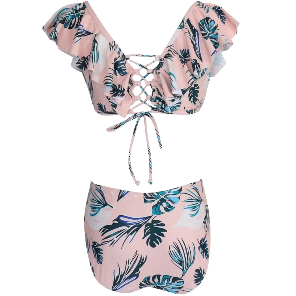 3 Woman Swimsuit Solid Bikini Tankini Blue Leaves Push Up Bikinis Triangle Bather Suit Swimwear For Girls Bandeaukini Bathing Suit