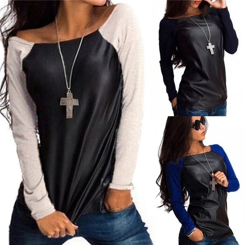 New-Fashion-Women-Pu-Patchwork-T-Shirt-Casual-Long-Sleeve-Leather-Tops-Fashion-O-Neck-Boat