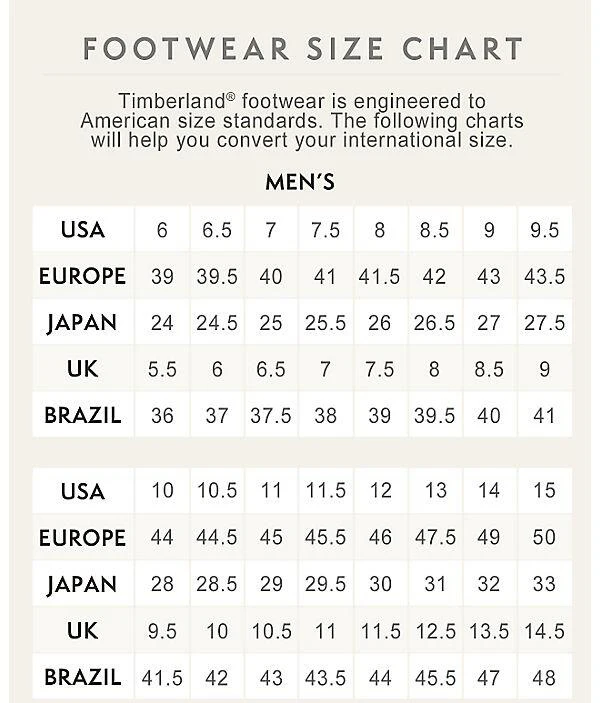 timberland size guide shoes