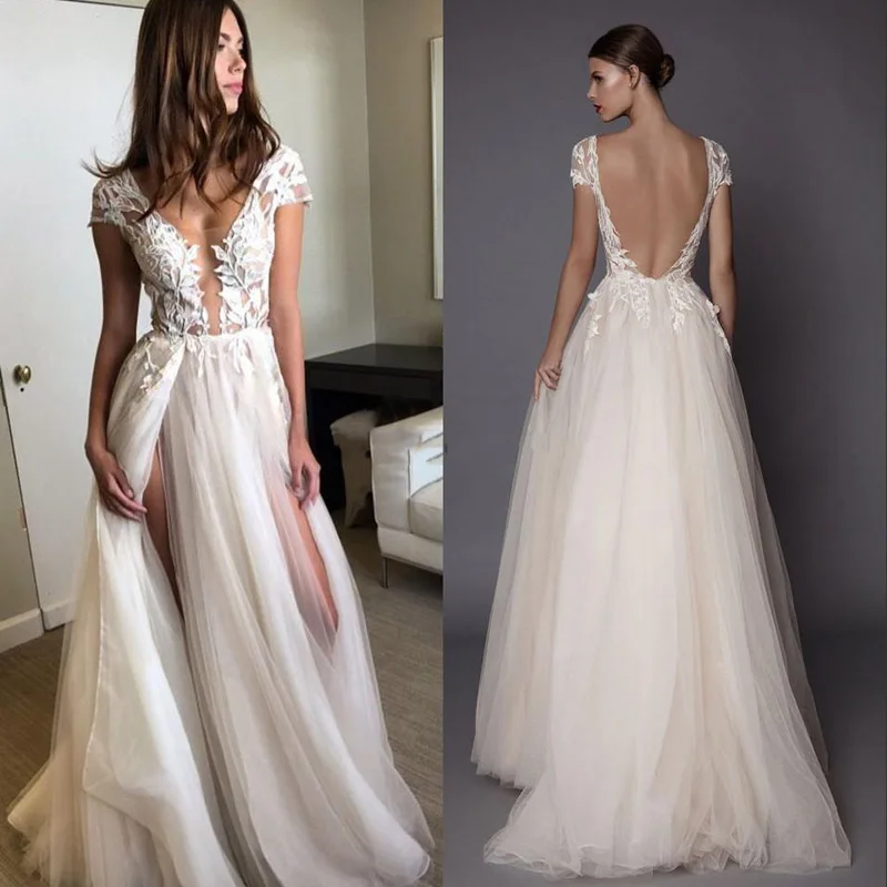 Sexy Split 2018 Wedding Gowns Deep V Neck Appliques Backless High Slit Beach Boho Princess Bridal Gowns Cheap Custom Bride Dress
Sexy Split 2018 Wedding Gowns Deep V Neck Appliques Backless High Slit Beach Boho Princess Bridal Gowns Cheap Custom Bride Dress