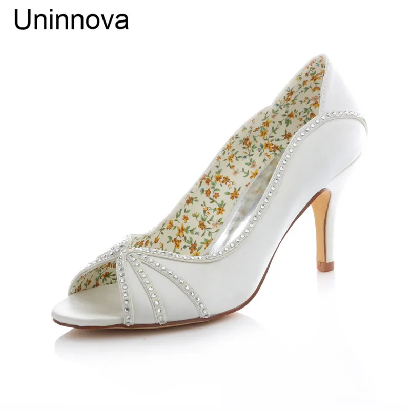 Women Peep Toe Rhinestone Satin Ivory White Thin Heel Wedding Shoes Bridal Evening Pumps Court Shoes Uninnova 183-8B 
Women Peep Toe Rhinestone Satin Ivory White Thin Heel Wedding Shoes Bridal Evening Pumps Court Shoes Uninnova 183-8B
