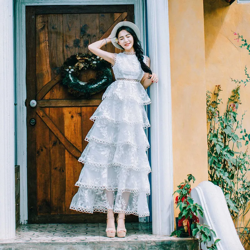 Women Summer Embroidered Beach Side Ankle Length A-line Sweet Sleeveless Lace Dress XHWS-008 
Women Summer Embroidered Beach Side Ankle Length A-line Sweet Sleeveless Lace Dress XHWS-008