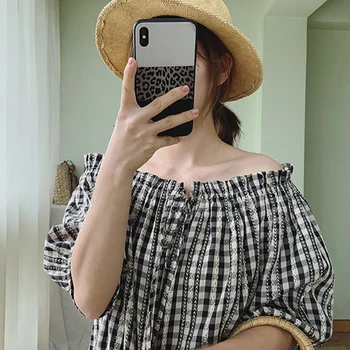blusas mujer de moda 2019 Cotton Plaid Print Shoulder Ruffled Lantern Sleeves Loose Sweet One Word Collar Strapless Tops
blusas mujer de moda 2019 Cotton Plaid Print Shoulder Ruffled Lantern Sleeves Loose Sweet One Word Collar Strapless Tops