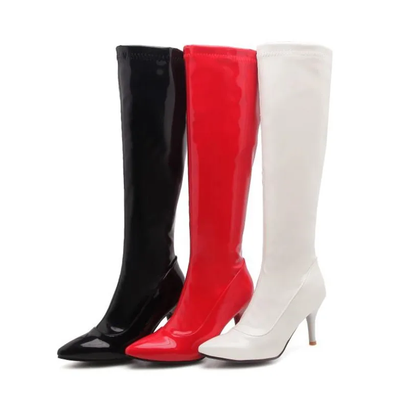 Fashion Japanned Leather Side Zip Platform High Heels Knee High Boots Sexy Steel Pipe Dance Boots Big Size 32-46 Long Boots Shoe (20)