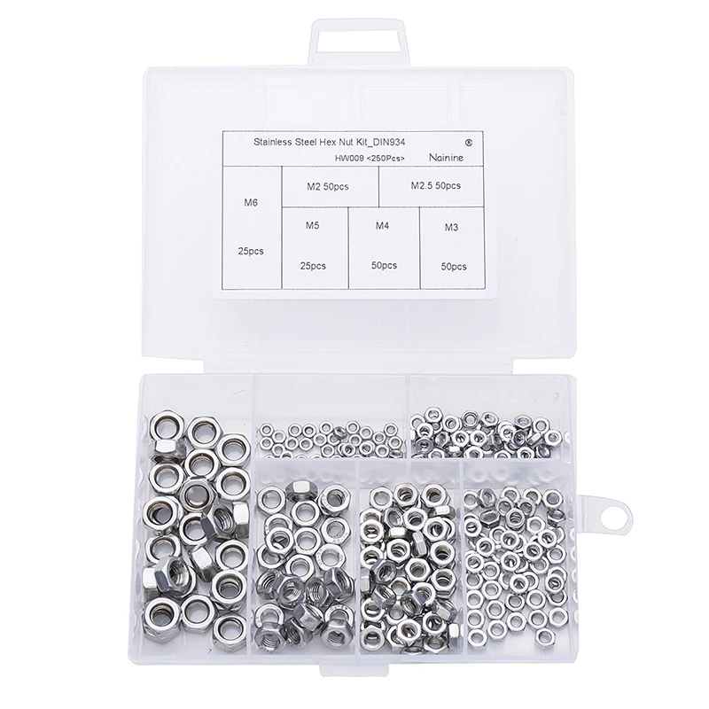 250Pcs/set DIN934 M2 M2.5 M3 M4 M5 M6 Metric Thread Hex Nut Hexagon Nuts Assortment Kit HW009
250Pcs/set DIN934 M2 M2.5 M3 M4 M5 M6 Metric Thread Hex Nut Hexagon Nuts Assortment Kit HW009