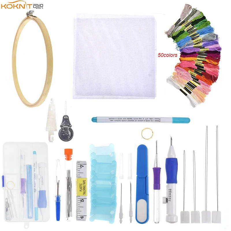 KOKNIT Magic Embroidery Stitching Punch Needles Pen Set 50pcs Mix Colors Thread Scissors Sewing Needles Accessories with Box (5)
