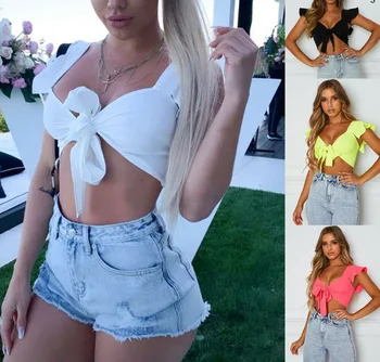 Women's Biniki Top Bandage Solid Bra Sexy Females Tied Front Deep V Collar Short Sleeve T-Shirt Summer Blouse Crop Top 2019
Women's Biniki Top Bandage Solid Bra Sexy Females Tied Front Deep V Collar Short Sleeve T-Shirt Summer Blouse Crop Top 2019