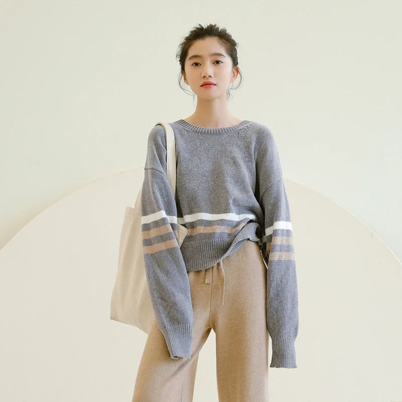 QoerliN 2018 Autumn Winter Korean College Stripes Chenille Soft Sweater Gray Pullovers Ladies Tops Casual Girls Harajuku Spring | Женская