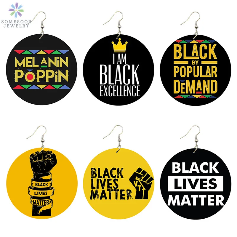 

SOMESOOR Black Lives Matter Saying Trendy Women Print Jewelry Natural Wood Drop Earrings Melanin Poppin Afro Power Fist Pattern