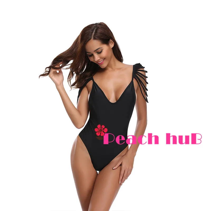 2019 Swimwear Whole Swimsuit Women One Piece Swimsuit Black Swimsuit Monokini Push Up Tassel Sleeve Swimwear Plus Size (6)