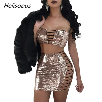 Helisopus New Sexy Sequins Two Piece Set Women Lace Up Hollow Out Tops Back Zippers Bodycon Mini Skirts Club Party Outfit
Helisopus New Sexy Sequins Two Piece Set Women Lace Up Hollow Out Tops Back Zippers Bodycon Mini Skirts Club Party Outfit