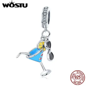 

WOSTU Summer Style 925 Sterling Silver Cold Drank & Sunglasses Dangle Charm Fit Original DIY Beads Bracelet S925 Jewelry CQC698