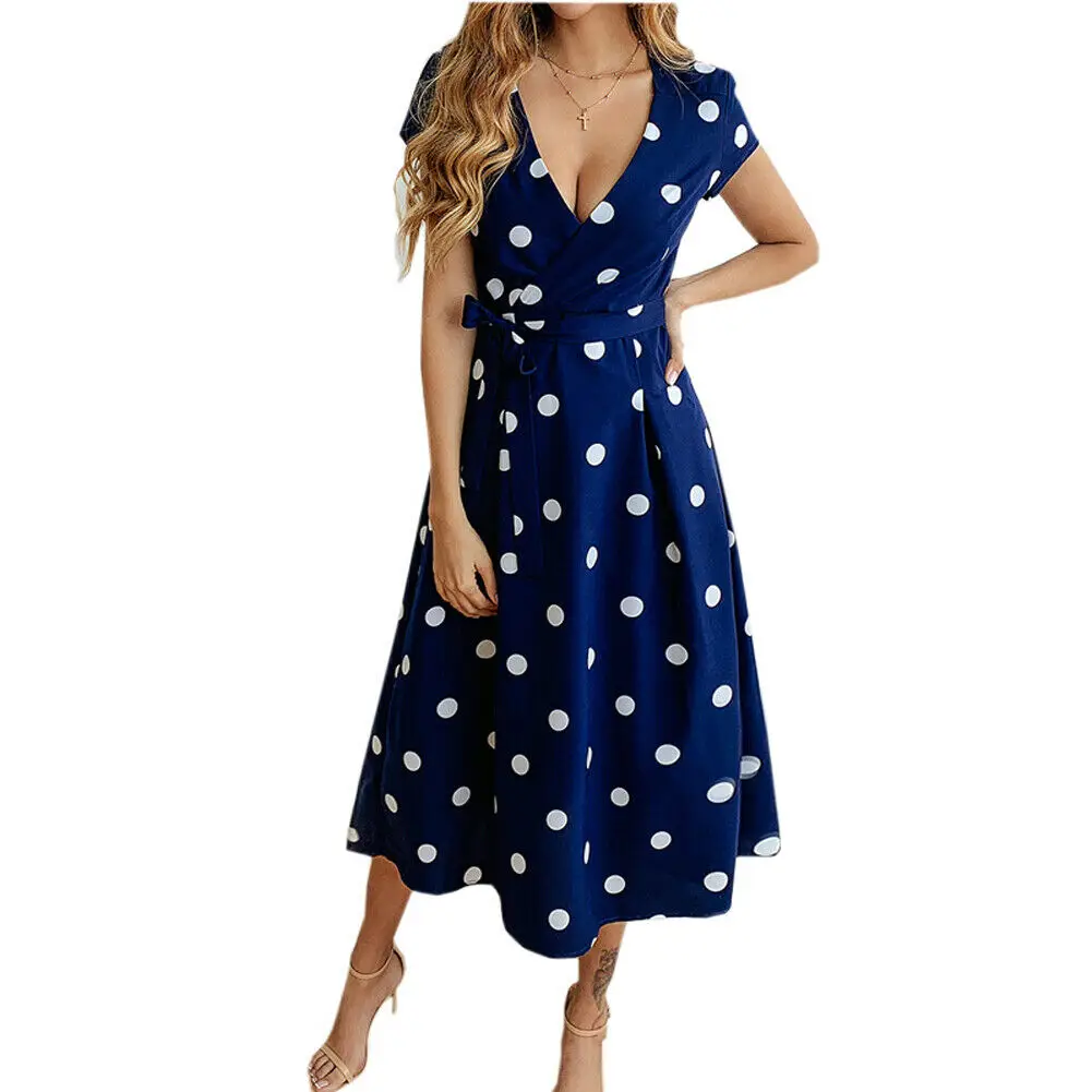 New Women Fashion Summer Beach Short Sleeve Midi Dress Ladies Holiday Sexy V-neck Polka Dot Pattern Sun Dresses
New Women Fashion Summer Beach Short Sleeve Midi Dress Ladies Holiday Sexy V-neck Polka Dot Pattern Sun Dresses