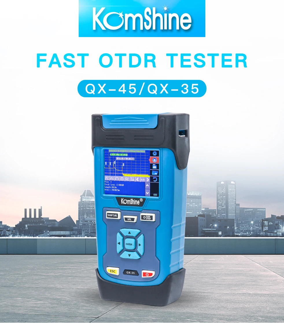 KOMSHINE QX45 SM OTDR 1310/1550nm comes with 10mw VFL Function can test 125KM Fiber OTDR Tester Price
KOMSHINE QX45 SM OTDR 1310/1550nm comes with 10mw VFL Function can test 125KM Fiber OTDR Tester Price