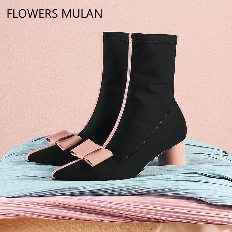 Cotton Fabric black Sock shoes Pointed Toe short Boots High Heels ankle Boots butterfly knot bowties Botas Mujer Shoes Woman 40 
Cotton Fabric black Sock shoes Pointed Toe short Boots High Heels ankle Boots butterfly knot bowties Botas Mujer Shoes Woman 40