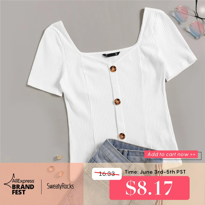 

SweatyRocks Button Front Rib-knit Slim Tee Streetwear Sweetheart Neck Ladies Elegant Tees 2019 Summer Casual Women White T-Shirt