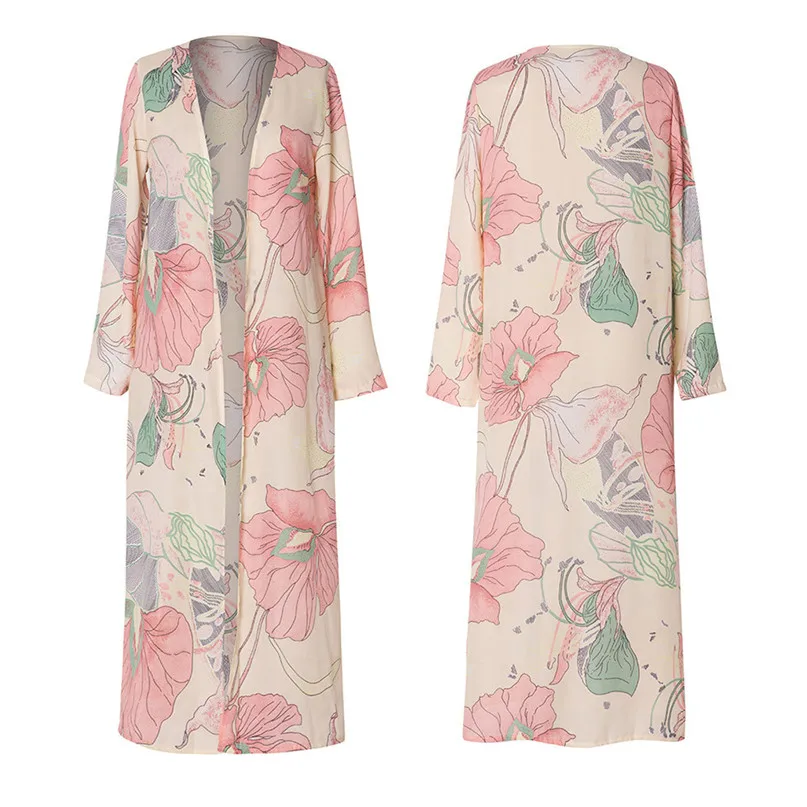 Women Long Sleeve Rash Guards Floral Printed Veil Shawl Beachwear Chiffon Cardigan Tops Cover Up Blouse clothing bikini #3j16#F (4)